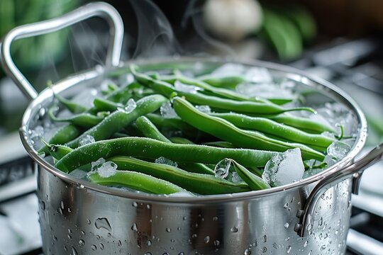 Vegetables On Ice. Boiled Green Beans in an Ice Water-Filled Colander on a Table