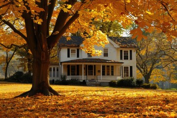 Obraz premium House with Yellow Fall Leaves Tree in Philadelphia. Autumn Tranquility