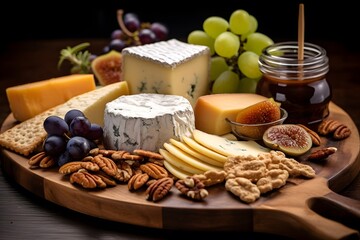 Elegant cheese platter with assorted fruits, nuts, and crackers.