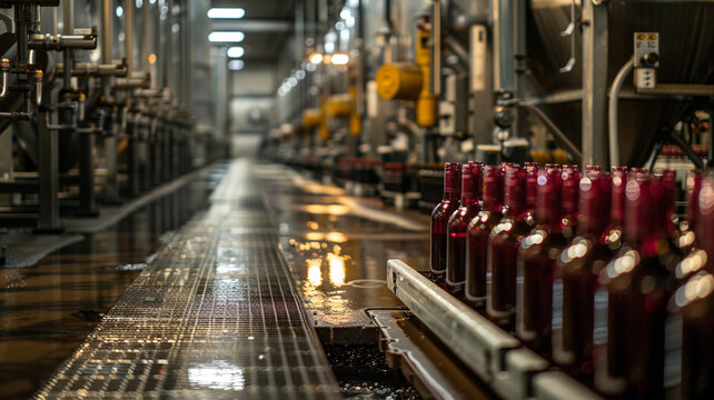 Several wine bottles on moving belt