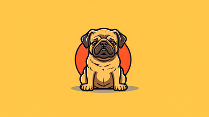 A cartoon pug-dog is sitting on a yellow background