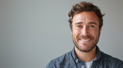 Cheerful Man Smiling at Camera Against Minimalist White Background Highlighting Positive Energy, Confidence, and Friendly Vibes