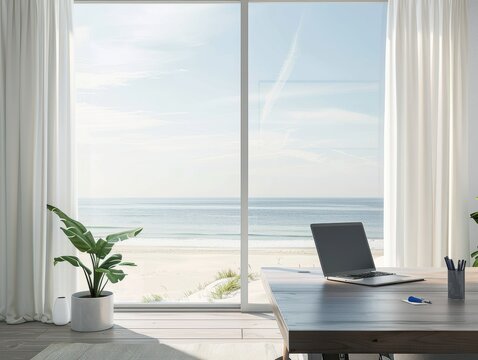Fototapeta Mockup photo of an office space with a window view of the beach