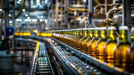 Fototapeta premium Beer bottles on conveyor