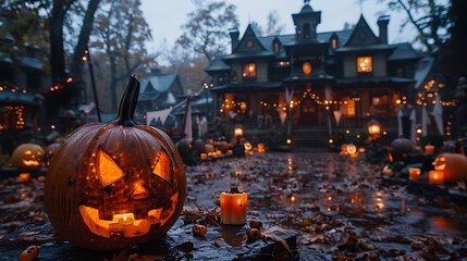  A spooky Halloween candy display in a haunted house yard with spider web decorations.