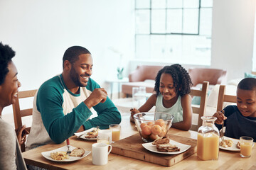 Black family, parents and kids for breakfast in home with eating, bonding and happy in dining room. Love, mother and father with children in morning with food, eggs and bread for nutrition and hungry