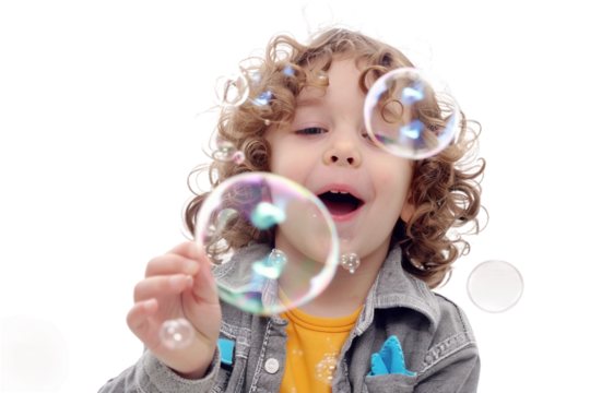 Joyful Child Blowing Bubbles Isolated on Transparent Background