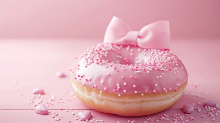 A delightful pink donut adorned with a cute bow set against a pink backdrop celebrating Donut Day up close