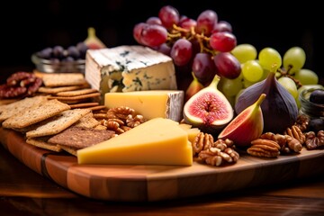 Elegant cheese platter with assorted fruits, nuts, and crackers.