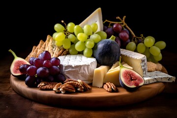 Elegant cheese platter with assorted fruits, nuts, and crackers.