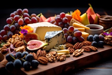 Fototapeta premium Elegant cheese platter with assorted fruits, nuts, and crackers.