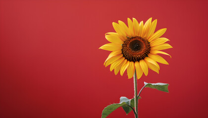 single bright sunflower against a bold red backdrop