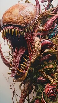 Pushing towards an alien looking monster with sharp teeth and a long tongue. 4k video in smart phone 9:16 aspect ratio.