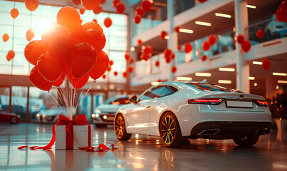 A white car sits in a showroom with red balloons and a gift box in the foreground