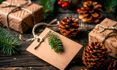 A close-up image of Christmas gift tags with pine cones and evergreen sprigs, set against a rustic wooden background