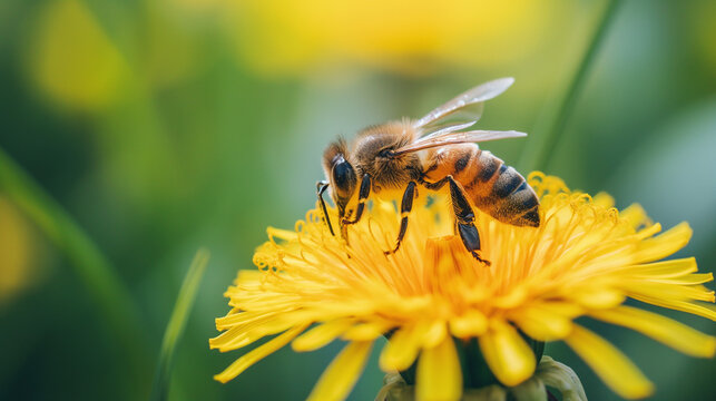 A honey bee on flower collects pollen and nectar
