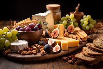 Elegant cheese platter with assorted fruits, nuts, and crackers.