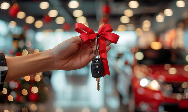A hand holds a car key with a red bow tied around it in a dealership