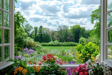 Fototapeta premium Border design with a window view of a blooming garden from a sunroom