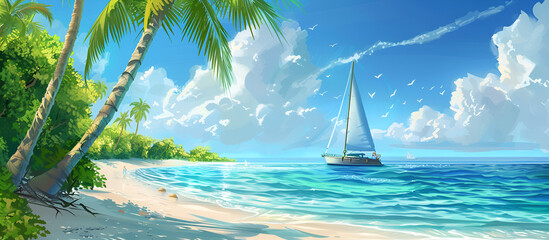 Beautiful tropical beach at exotic island with palm trees. Tropical Beach Paradise Realism. A hyperrealistic tropical beach paradise with crystal clear waters and lush palms. 