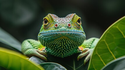  A tight shot of a green-yellow lizard perched on a branch laden with numerous green leaves