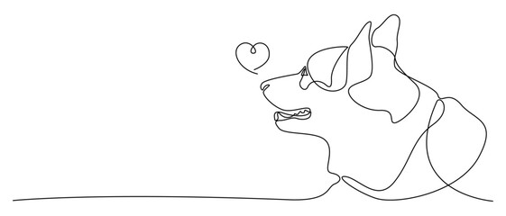 Linear drawing of corgi, dog and hearts. Dog is human best friend. Cute dog face, side view. Pet tattoo