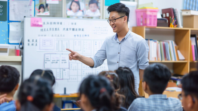 Asian teacher is pointing at the whiteboard explaining a lesson to his students in a classroom