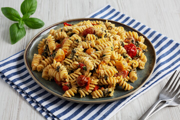 Homemade Baked Boursin Pasta on a Plate, side view.