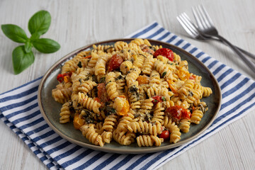 Homemade Baked Boursin Pasta on a Plate, side view.