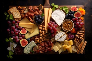 Elegant cheese platter with assorted fruits, nuts, and crackers.