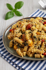 Homemade Baked Boursin Pasta on a Plate, side view.