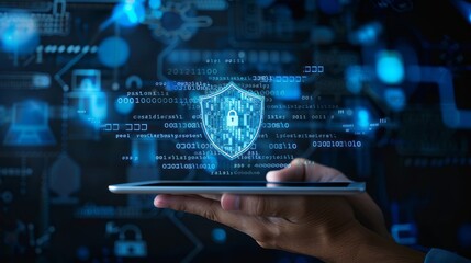 A hand holding an phone with a blue digital shield icon floating above it