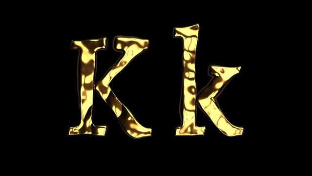 Upper and lower case k alphabet with golden fluid texture, latin script with bright yellow lava style, english letter with dented and horror look