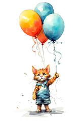 Fototapeta premium A cat is holding a bunch of balloons in its mouth