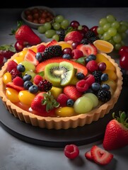Vibrant Mixed Fruit Tart with Kiwi, Berries, and Peach Glaze.