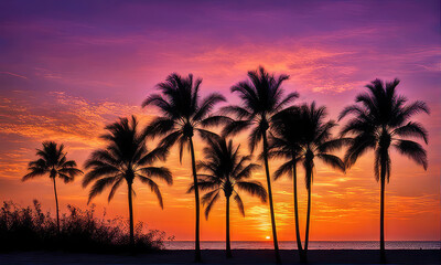 silhouette of palm trees against a summer sunset background