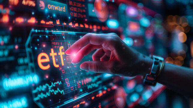 Touching the future of finance: A hand interacting with a futuristic data interface, highlighting ETF