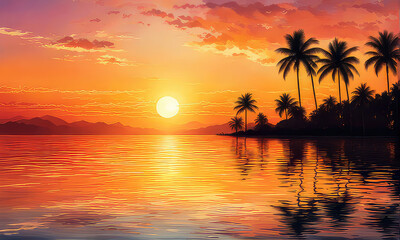 silhouette of palm trees against a summer sunset background