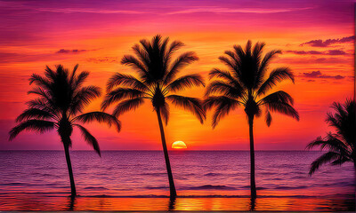 silhouette of palm trees against a summer sunset background