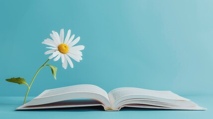 Celebrating Book Lovers Day with Open Book and Daisy on Blue Background