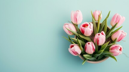 Obraz premium Top view of a beautiful Easter display with pink tulips in oval opening on light blue backdrop