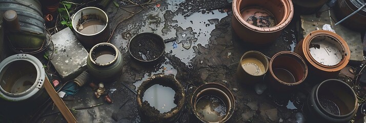set of pots accumulating rainwater