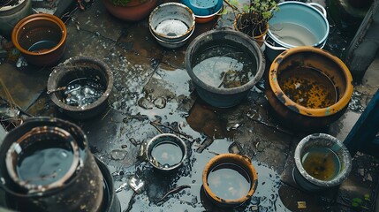 set of pots accumulating rainwater