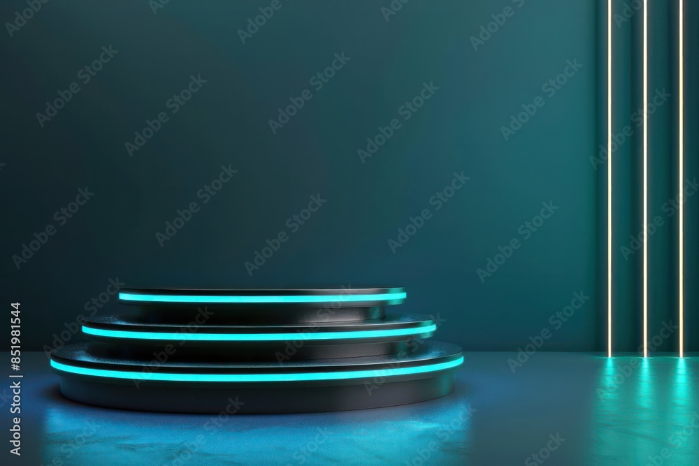 Poster a three-tiered display with neon lights is set against a blue background