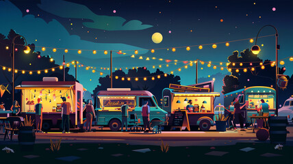 Food trucks lined up night parking lot