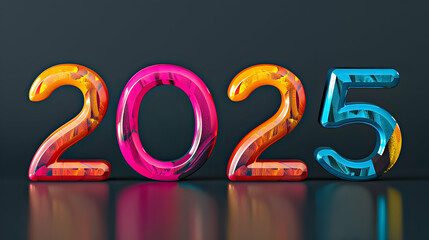 The year 2025 represented with glossy, multicolored numbers in 3D on a dark reflective background, emphasizing a futuristic theme.
