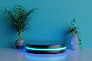 Obraz premium A blue wall with a green plant and a black and white object