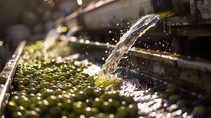 Machine washing arafed olives on conveyor belt