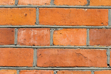 The surface is made of old red brick. A wall of old historical buildings made of broken bricks and collapsed plaster. A clean background for the design.