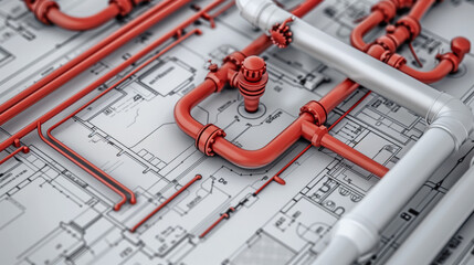 Shiny metal pipes on technical plans for plumbing project, showcasing precision and expertise in construction. Gleaming chrome ready for installation and maintenance